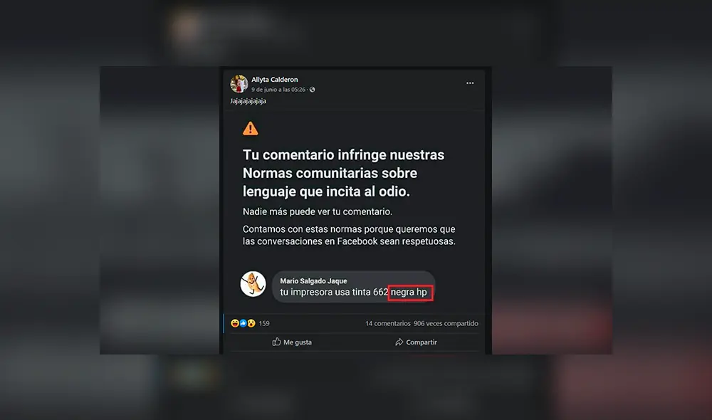 Usuario reportó que la red social lo bloqueó por comentar "tu impresora usa tinta 662 negra hp"