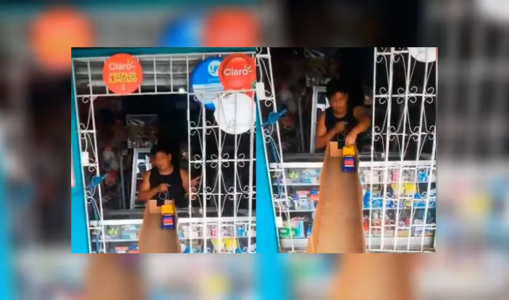 Desliza las imágenes para ver el peculiar 'truco' que usa un vendedor para evitar cualquier tipo de contagio. Foto: Captura Desliza las imágenes para ver el peculiar 'truco' que usa un vendedor para evitar cualquier tipo de contagio. Foto: Captura