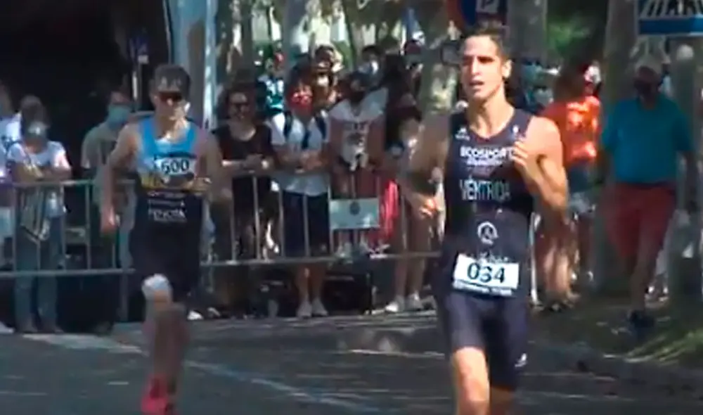 El triatleta Diego Méntrida cedió su lugar a un rival tras equivocarse de camino durante la carrera. Foto: Captura / Twitter