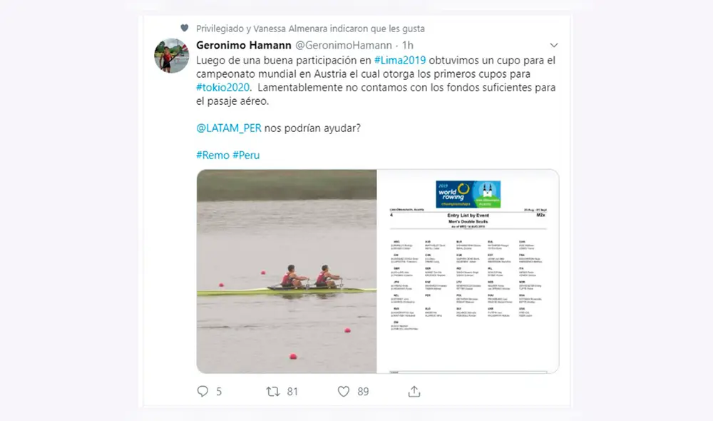 Lima 2019: Gerónimo Hamann pide apoyo a aerolínea para viajar a Europa a campeonato mundial y poder clasificar a Tokio 2020. Foto: Twitter Gerónimo Hamann. Lima 2019: Gerónimo Hamann pide apoyo a aerolínea para viajar a Europa a campeonato mundial y poder clasificar a Tokio 2020. Foto: Twitter Gerónimo Hamann.