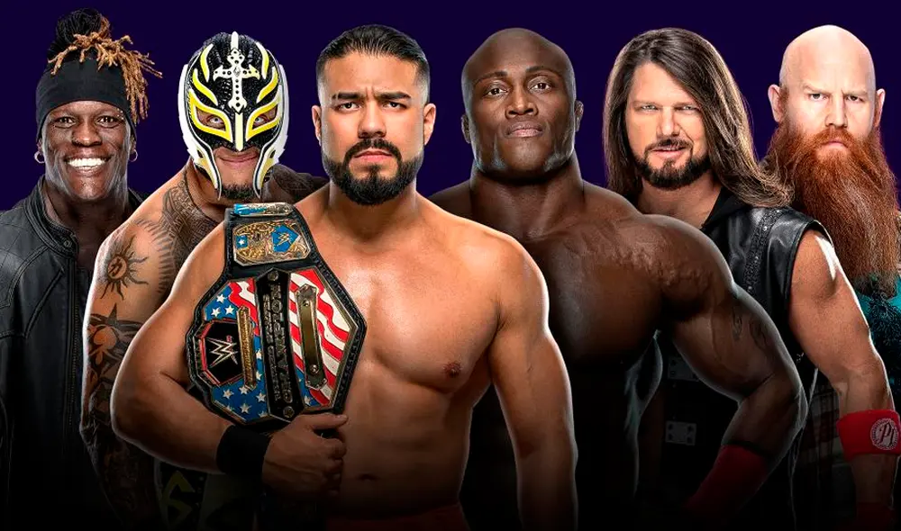 Ruleta rusa entre AJ Styles vs. Bobby Lashley vs. Rey Mysterio vs. R-Truth vs. Erick Rowan vs. Andrade por el trofeo Tuwaiq Trophy en Super ShowDown 2020. | Foto: WWE