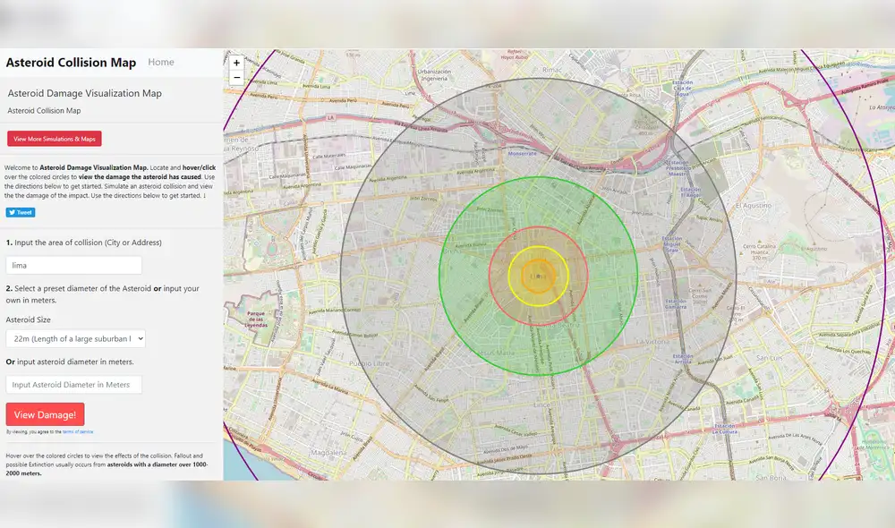 Asteroid Collision es una plataforma que permite simular el impacto de un asteroide en una ciudad. (Foto: Captura)