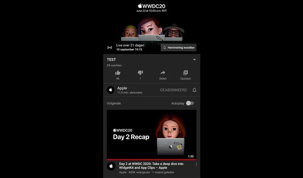 Evento de Apple programado en YouTube. | Foto: Bram Van Bever / Twitter