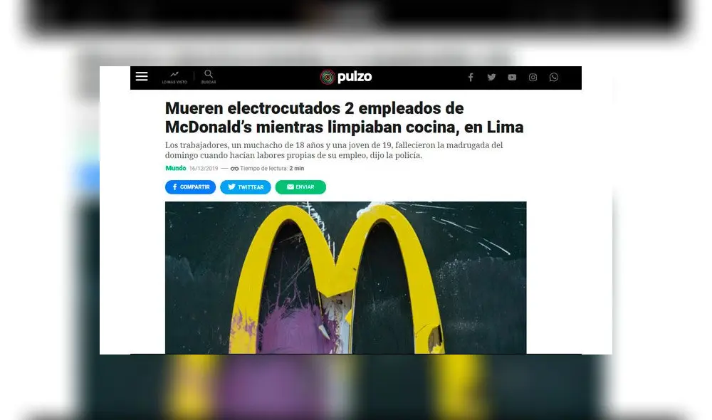 Pulzo en Colombia: Mueren electrocutados dos empleados de McDonald's mientras limpiaban cocina, en Lima. Foto: captura