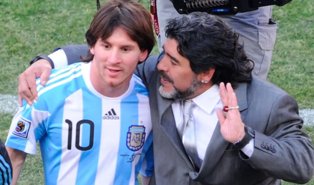 Messi y Maradona en el Mundial Sudáfrica 2010. Foto: AFP