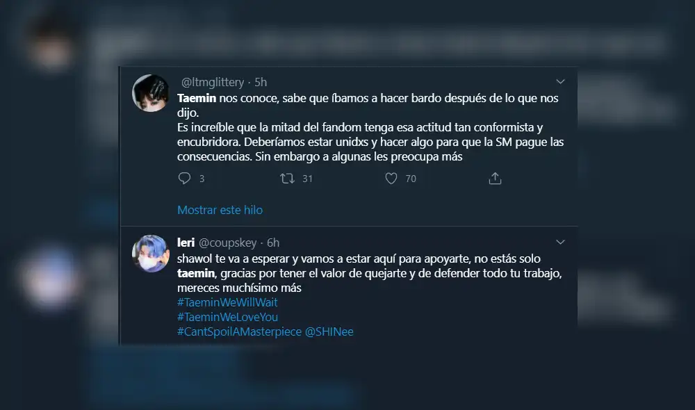 Comentario sobre Taemin. Créditos: Captura Twitter