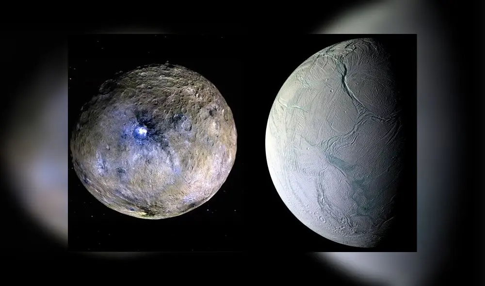 El planeta enano Ceres (izquierda) y el satélite Encélado (derecha). Ambos presentan componentes básicos para la vida. Fotos: NASA.