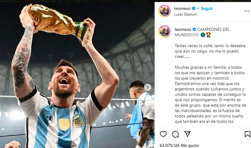 La publicación de Lionel Messi alzando la copa ha hecho historia. Foto: Instagram La publicación de Lionel Messi alzando la copa ha hecho historia. Foto: Instagram
