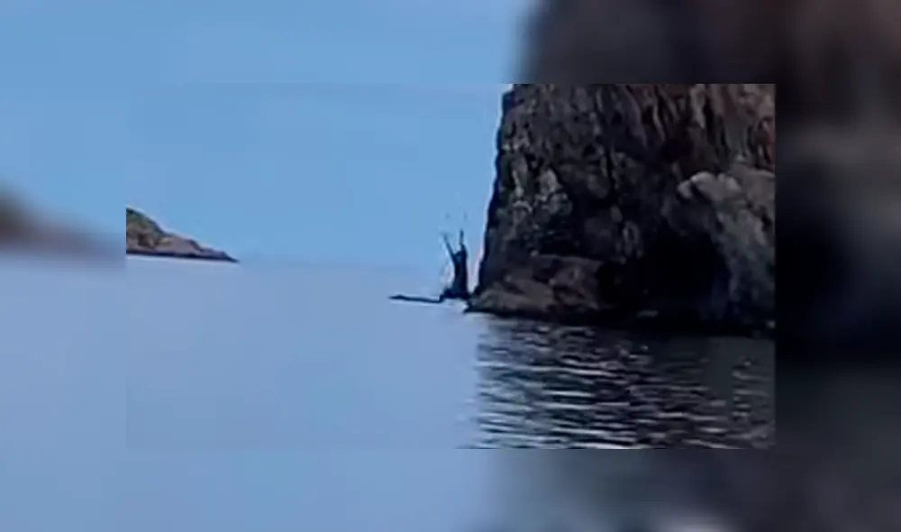 El alce tomó la radical decisión de lanzarse al acantilado frente a la mirada de unos jóvenes. Foto: captura El alce tomó la radical decisión de lanzarse al acantilado frente a la mirada de unos jóvenes. Foto: captura