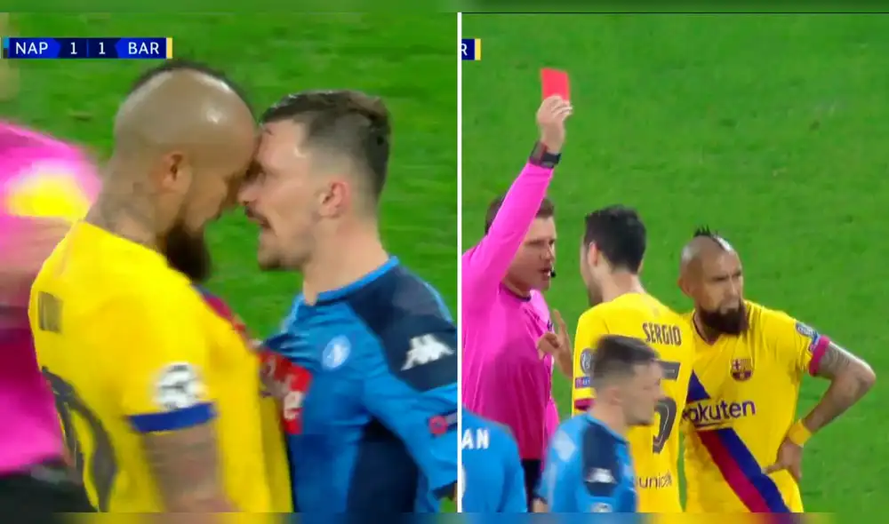 Arturo Vidal expulsado en el Barcelona vs Napoli. Foto: Captura de video.