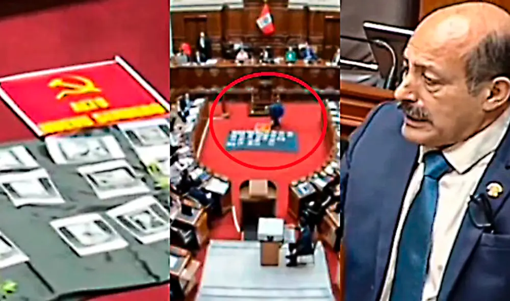 El congresista Héctor Valer fue criticado luego de colocar un cartel alusivo a Sendero Luminoso en cartel de los fallecidos en Juliaca. Foto: composición Carlos Villacorta/captura pleno del Congreso