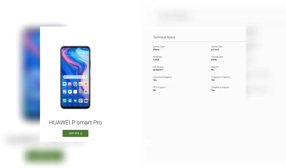 La página web de Android acaba de filtrar las características del Huawei P Smart Pro.