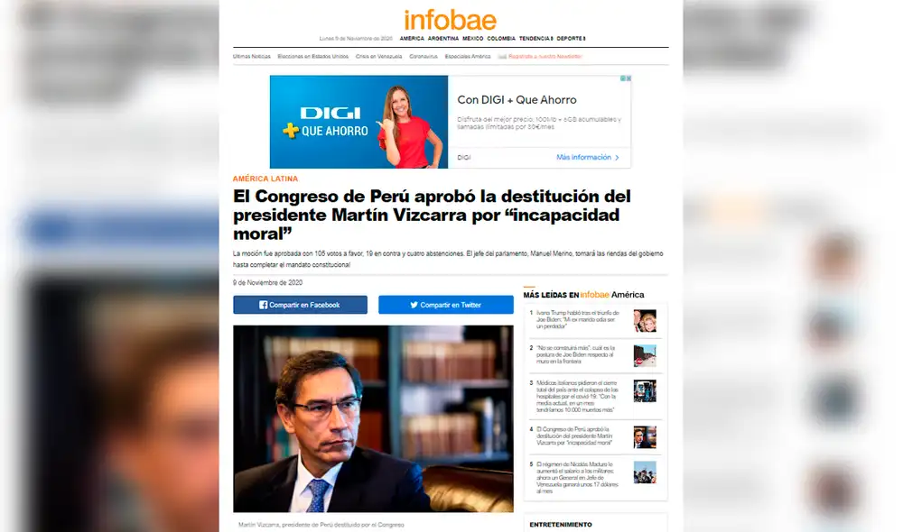 El portal Infobae señaló que el destino de Martín Vizcarra es ahora incierto. Foto: captura web El portal Infobae señaló que el destino de Martín Vizcarra es ahora incierto. Foto: captura web