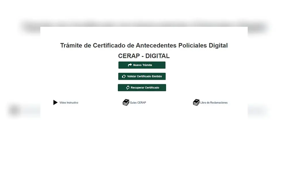 CERAP digital: plataforma en línea para tramitar el Certificado de Antecedentes Policiales. Foto: captura web PNP.