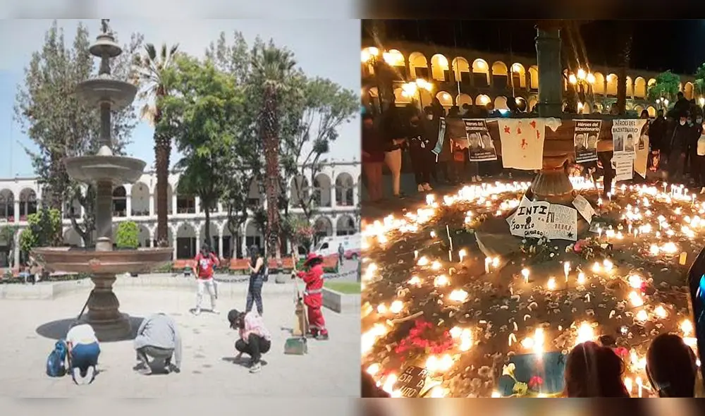 Un grupo de jóvenes llegaron voluntariamente a la Plaza de Armas para limpiar los restos de cera que quedaron a pies del Tuturutu. Foto: Composición La República. Un grupo de jóvenes llegaron voluntariamente a la Plaza de Armas para limpiar los restos de cera que quedaron a pies del Tuturutu. Foto: Composición La República.