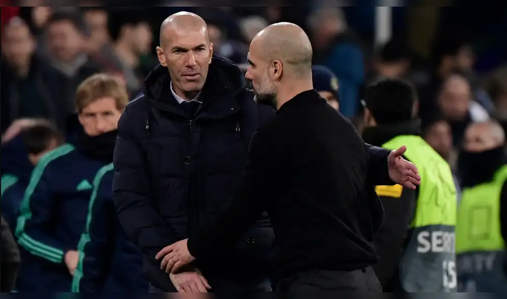 Zinedine Zidane y 'Pep' Guardiola se verán las caras en el Etihad Stadium de Inglaterra. Foto: AFP.
