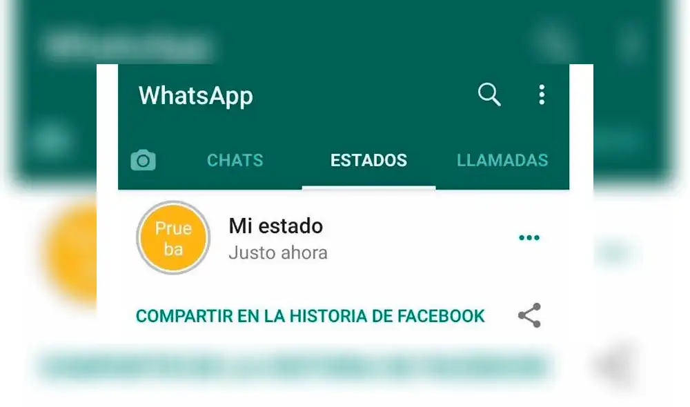 Compartir en la historia de Facebook es el botón para compartir tus estados de WhatsApp.