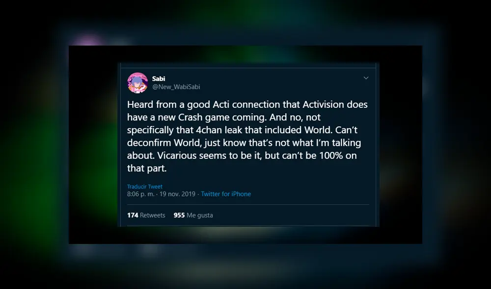 Sabi, que filtró tanto Crash Bandicoot N' Sane Trilogy y Crash Team Racing Nitro Fueled.