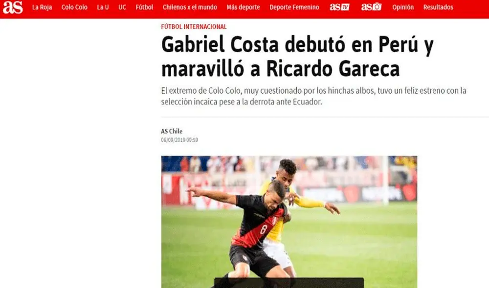 Debut de Gabriel Costa con la selección peruana fue noticia en Chile. Debut de Gabriel Costa con la selección peruana fue noticia en Chile.