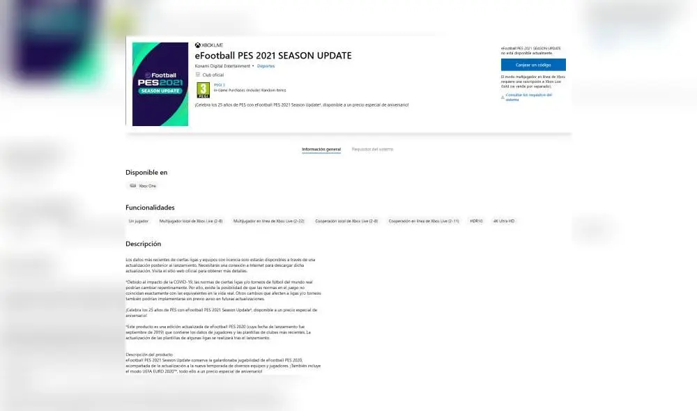 PES 2021 será solo una actualización. Foto: Microsoft Store.