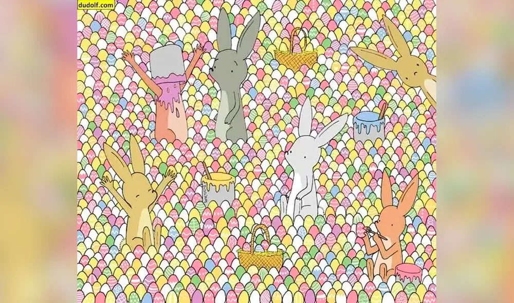 Estos conejos intentan encontrar un huevo con un corazón en el centro. Ayúdalos a encontrarlo. Foto: dudolf