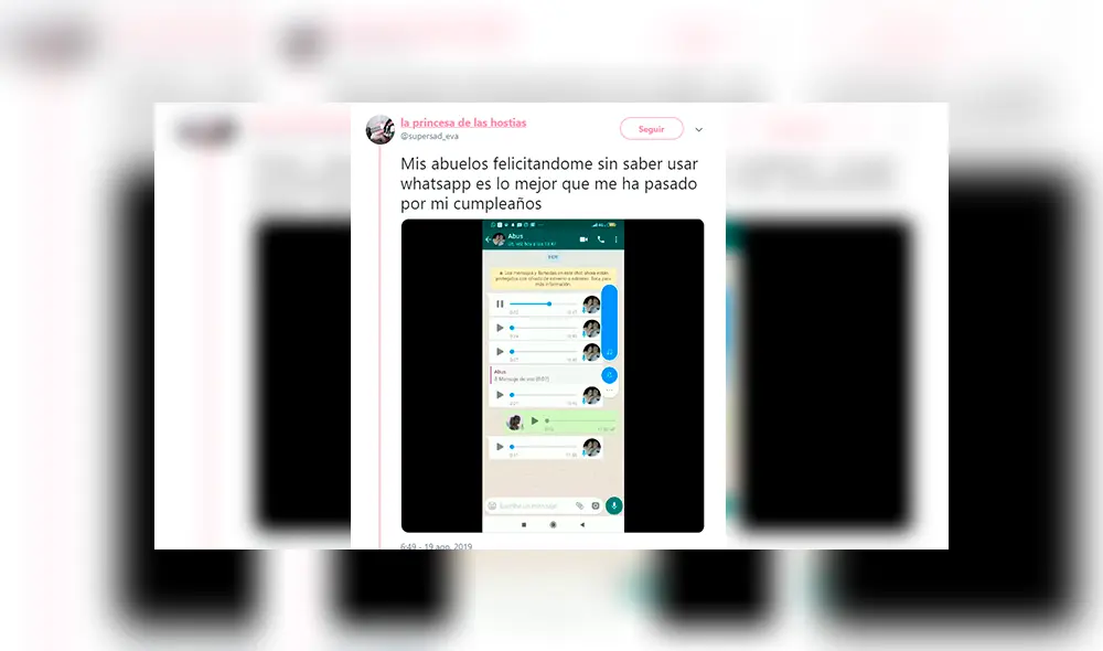 Una chica recibió los saludos de cumpleaños por parte de sus abuelos, quienes le enviaron unos audios de WhatsApp.