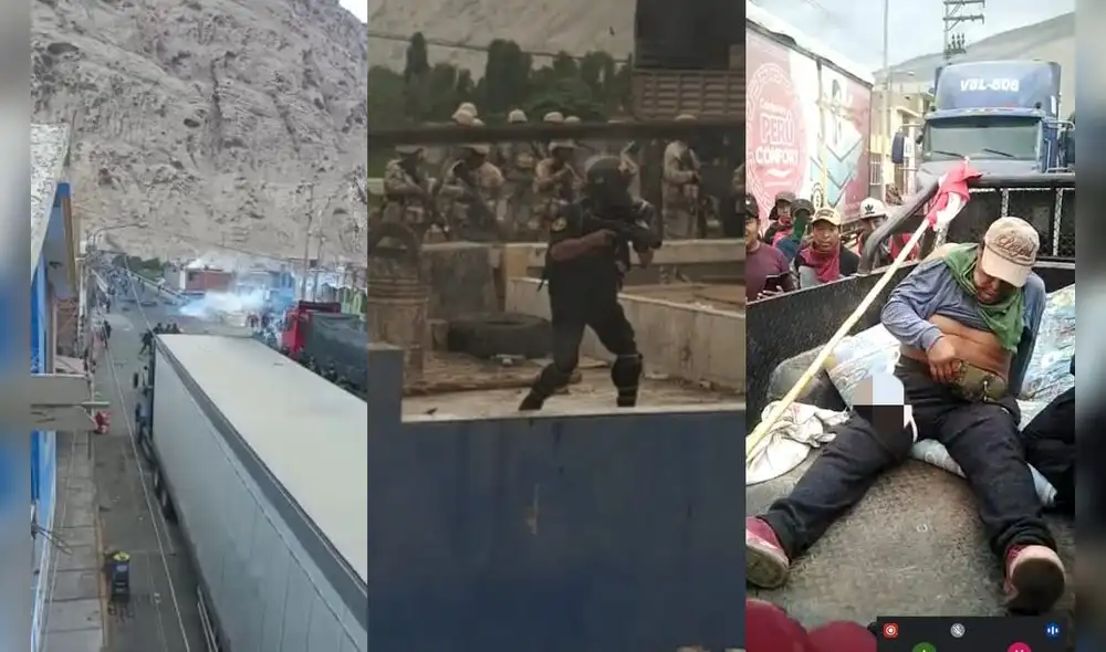 Arequipa. Policías usaron bombas lacrimógenas para liberar la vía. Foto composición LR Arequipa. Policías usaron bombas lacrimógenas para liberar la vía. Foto composición LR