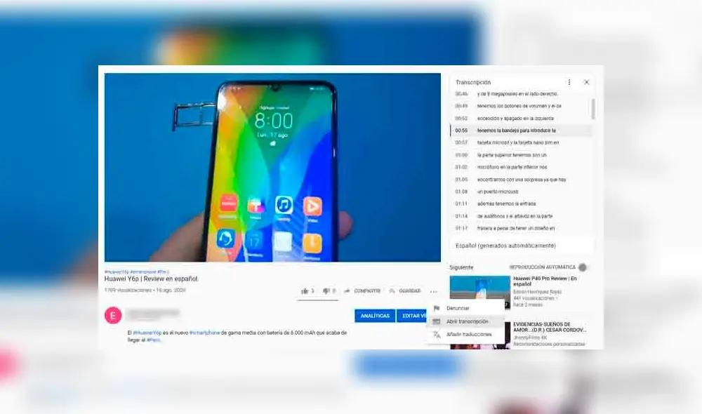 Abrir transcripción en un video de YouTube. (Fotos: TreceBits)