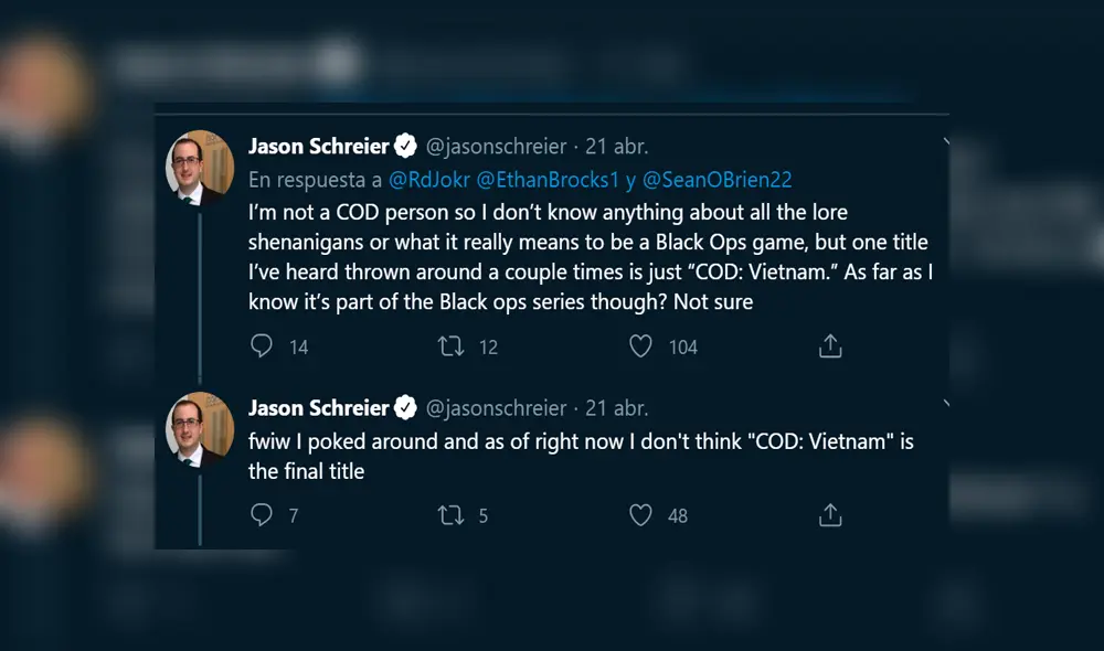 Periodista Jason Schreier afirmó escuchar el título "COD Vietnam" ya varias veces.
