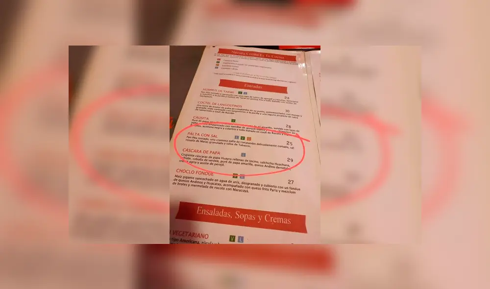 Polémica en Facebook. Vale resaltar que el ‘pan con palta’ es la entrada más barata que ofrece este restaurante. Foto: Captura. Polémica en Facebook. Vale resaltar que el ‘pan con palta’ es la entrada más barata que ofrece este restaurante. Foto: Captura.