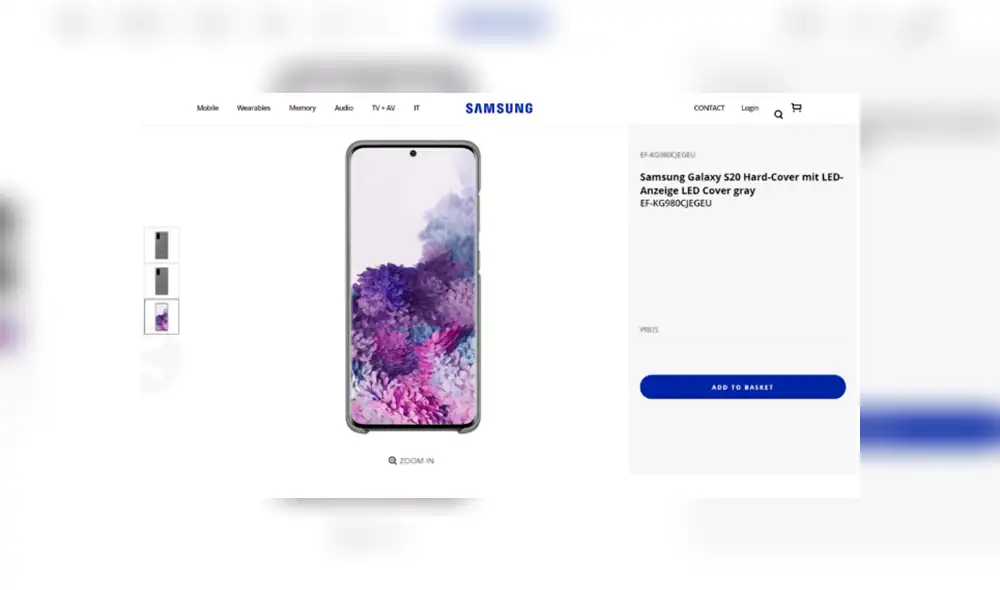 Página de soporte oficial de Samsung con el case para el Galaxy S20.