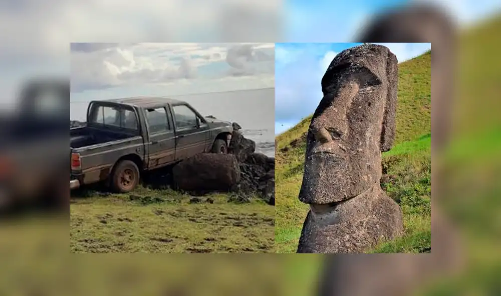 La camioneta dañó gravemente tanto a la estatua como la plataforma que la soportaba. Fotos: Camilo Rapu/Difusión. La camioneta dañó gravemente tanto a la estatua como la plataforma que la soportaba. Fotos: Camilo Rapu/Difusión.