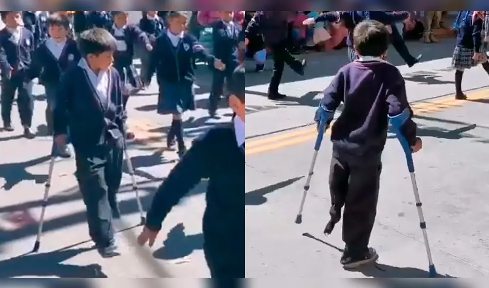 Niño marchó con sus muletas en desfile escolar de Apurímac.