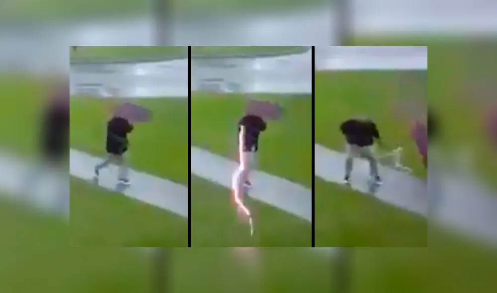 El rayo cayó a escasos centímetros del hombre, que se salvó de la muerte. Foto: captura El rayo cayó a escasos centímetros del hombre, que se salvó de la muerte. Foto: captura