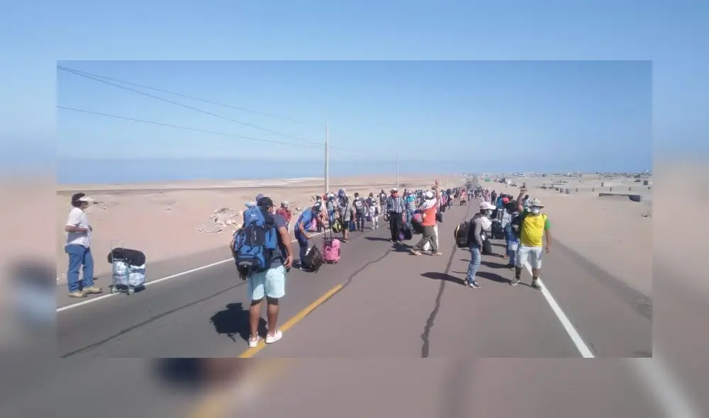 Caminan desde Ilo hasta Moquegua, piden ser llevados a sus regiones. Foto: Radio Americana. Caminan desde Ilo hasta Moquegua, piden ser llevados a sus regiones. Foto: Radio Americana.