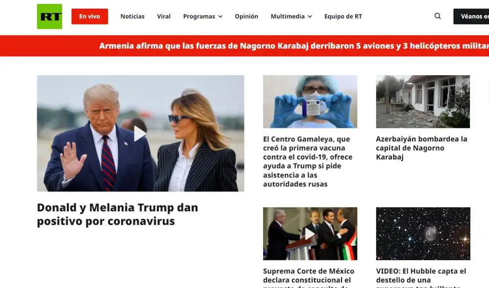 Así informó Russia Today el positivo al Covid-19 de Donald y Melania Trump. Foto: Captura web Russita Today.
