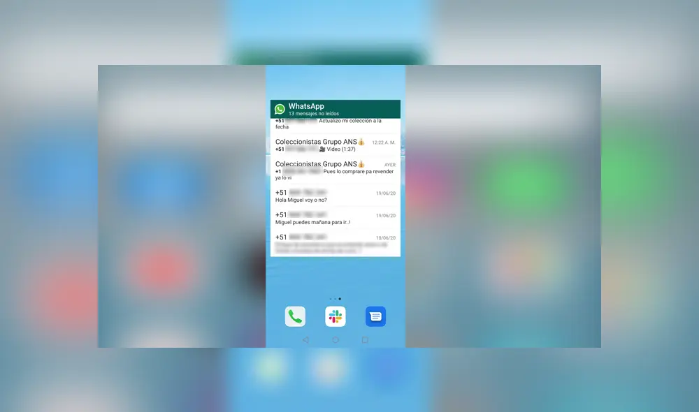 4. Eso sería todo, ahora podrás revisar los mensajes de WhatsApp, sin abrir la app. Foto: Captura.
