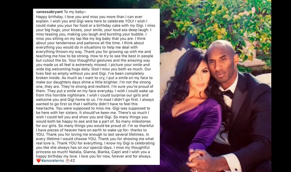 Esposa de Kobe Bryant comparte emotiva carta en Instagram por el que fuera su cumpleaños 42. Foto: AFP