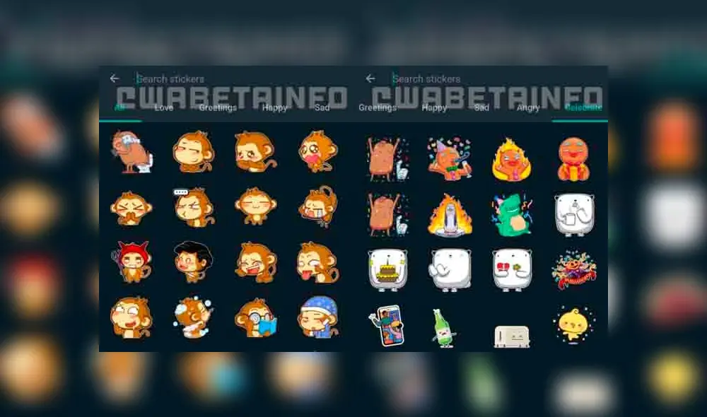 Imágenes de la función para buscar stickers en WhatsApp.