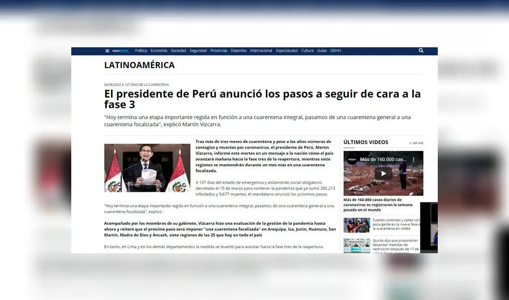 Medios Internacionales reaccionaron al término de la cuarentena en Perú. Foto: captura de pantalla. Medios Internacionales reaccionaron al término de la cuarentena en Perú. Foto: captura de pantalla.