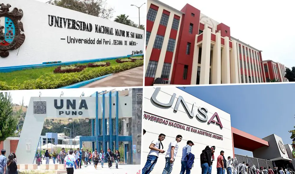Universidad Nacional Mayor de San Marcos, Universidad Nacional de Ingenierías, Universidad Nacional del Altiplano y Universidad Nacional de San Agustín figuran dentro del ranking de mejores universidades públicas del Perú. Foto: composición de Fabrizio Oviendo/La República/Infobae/UNI