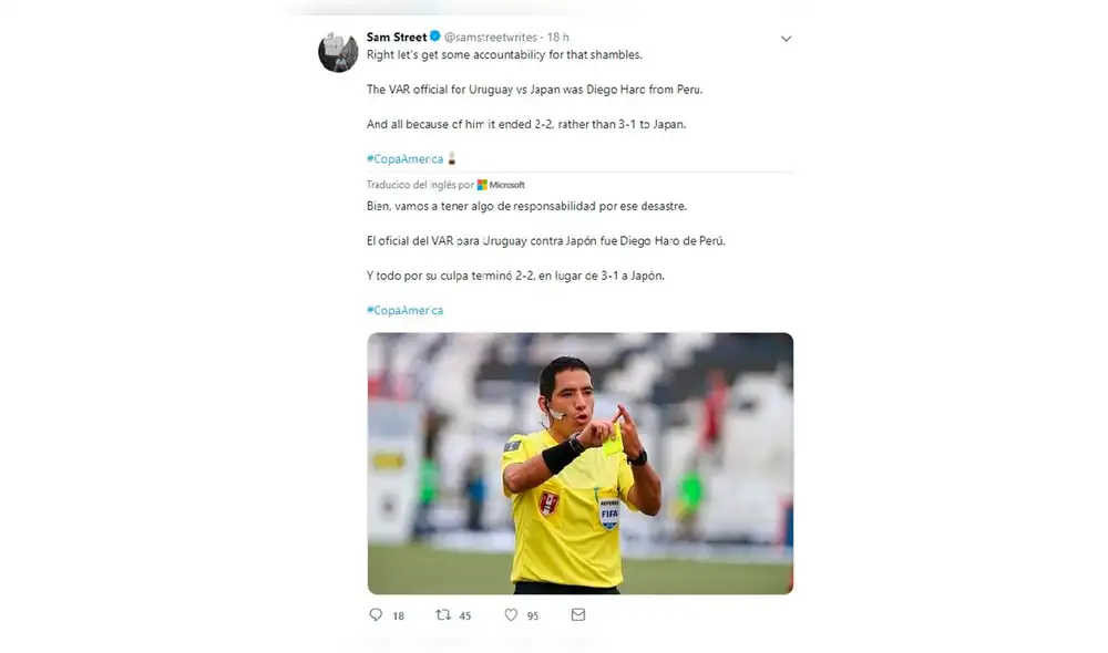 Diego Haro criticado por no hacer el uso del VAR en polémica jugada del Uruguay - Japón. | Foto: Captura Twitter Diego Haro criticado por no hacer el uso del VAR en polémica jugada del Uruguay - Japón. | Foto: Captura Twitter