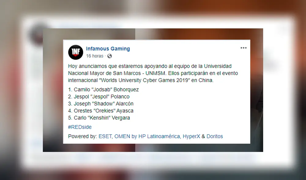 El equipo peruano Infamous Gaming ha manifestado su apoyo al equipo en su travesía a China. El equipo peruano Infamous Gaming ha manifestado su apoyo al equipo en su travesía a China.