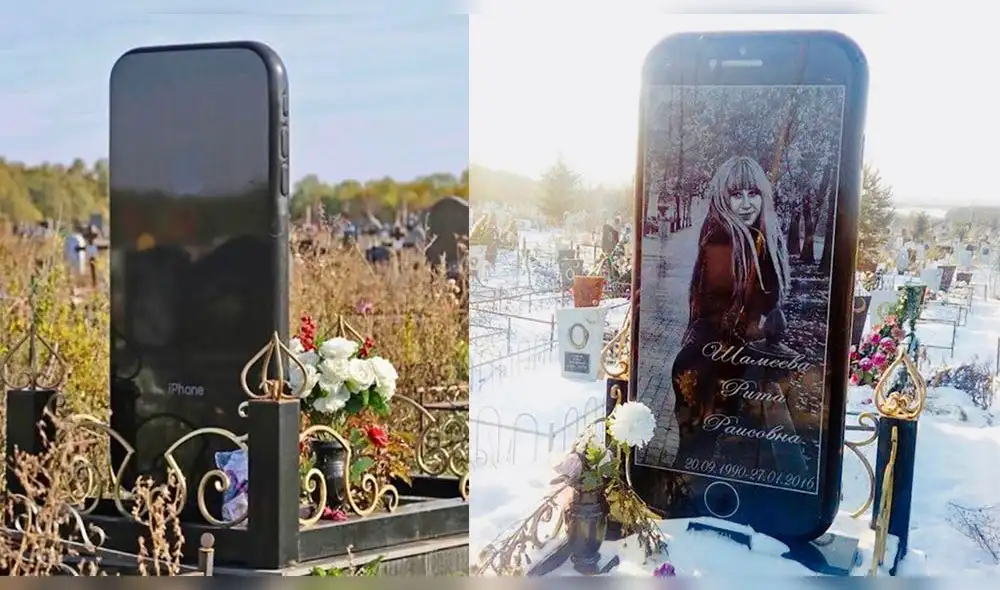 Rusia: cumplen sueño de joven y la entierran con lápida en forma de iPhone