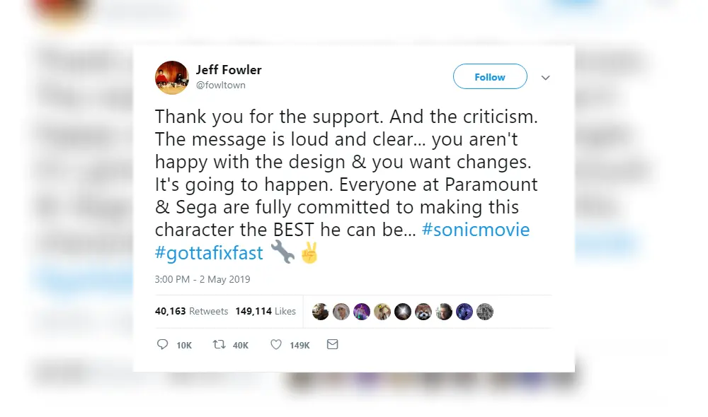 Tras ola de críticas en redes, el director Jeff Fowler se pronuncia en su cuenta de Twitter.