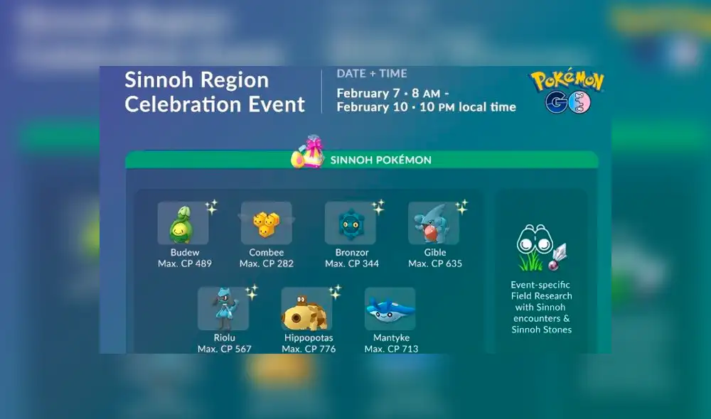 Pokémon de Sinnoh eclosionarán de Huevos de 7 KM durante el evento de Pokémon GO.