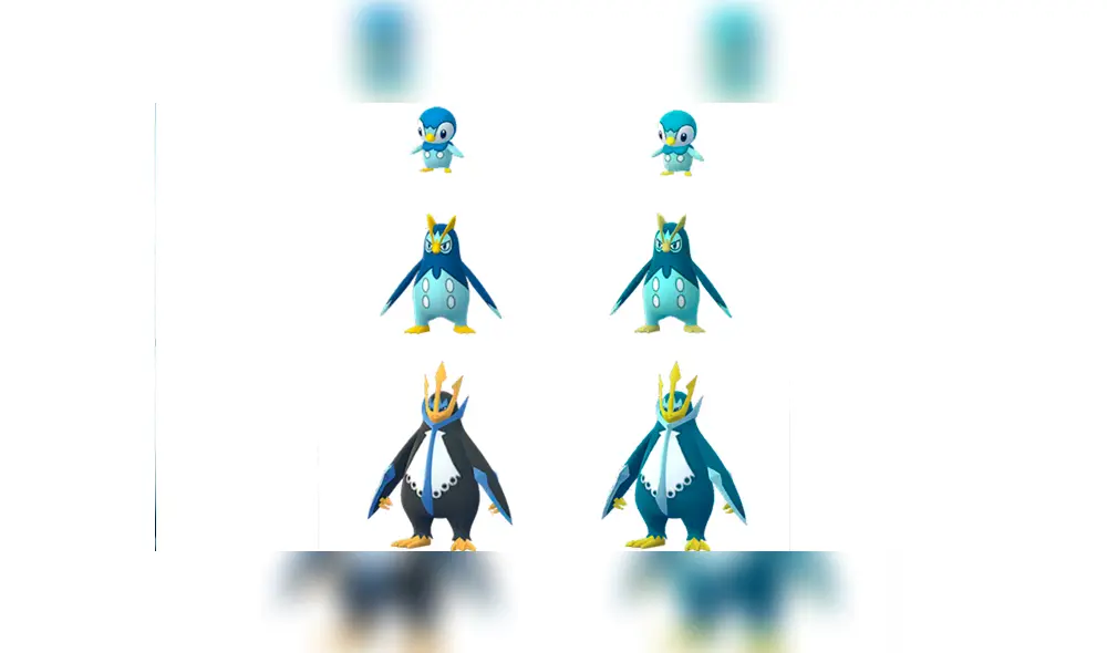 Familia evolutiva de Piplup en su aspecto normal y shiny,