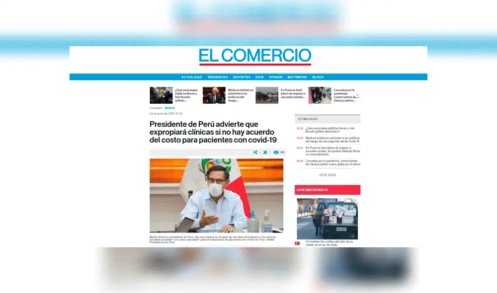 Algunos de los titulares de la prensa mundial sobre el anuncio de Vizcarra. Foto: captura El Comercio (Ecuador). Algunos de los titulares de la prensa mundial sobre el anuncio de Vizcarra. Foto: captura El Comercio (Ecuador).