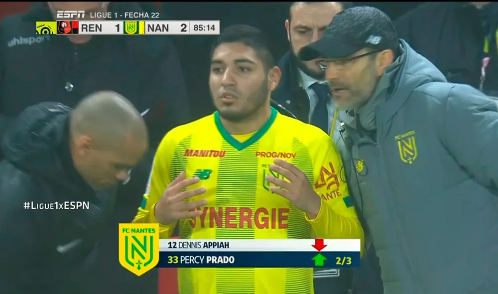 Percy Prado jugó más de diez minutos en la derrota 3-2 del Nantes ante Rennes. Foto: ESPN.