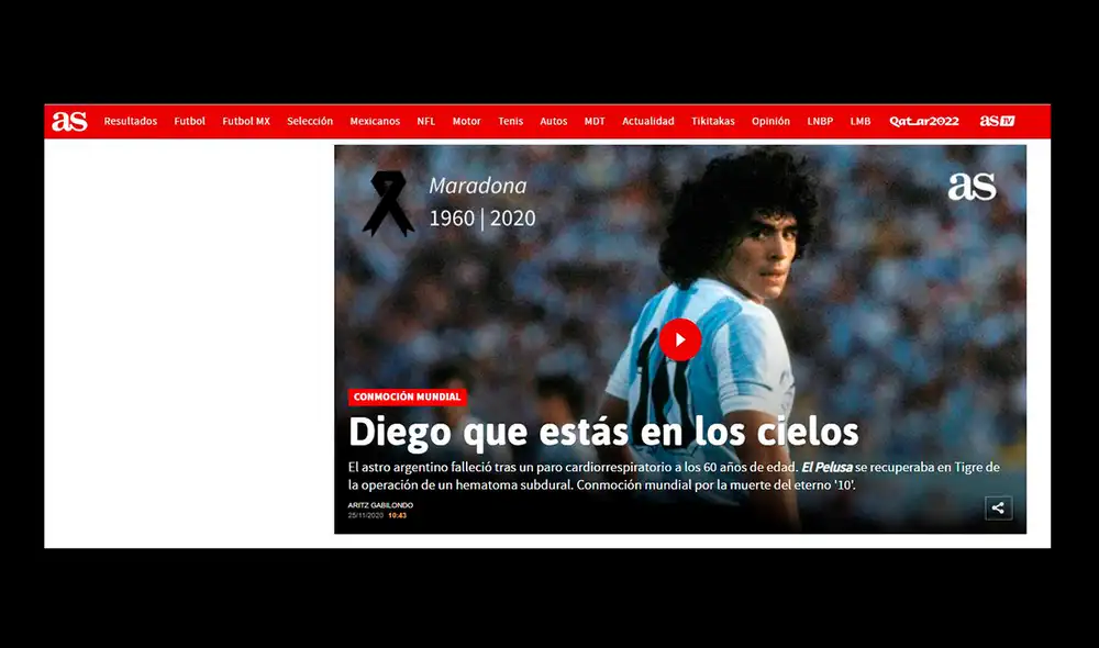 AS informó así sobre la muerte de Diego Armando Maradona. Foto: captura